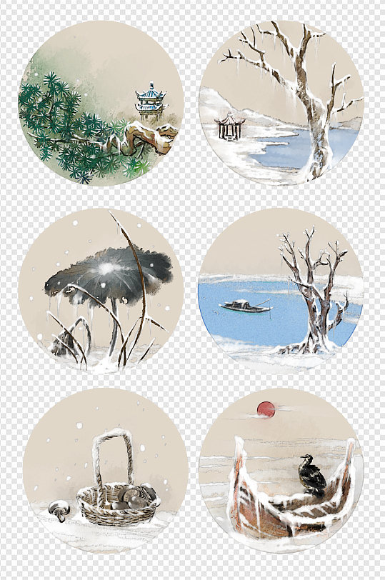 中国风水墨画冰湖冬季意境图