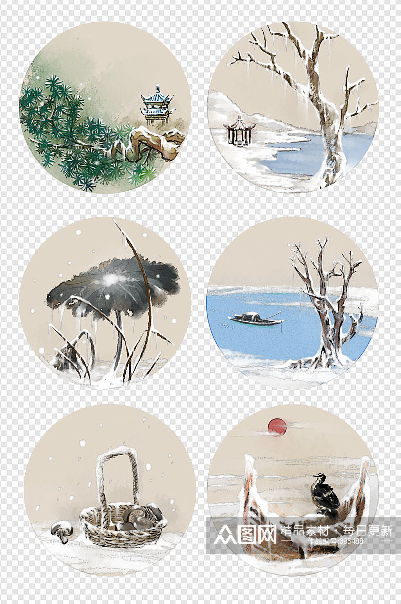 中国风水墨画冰湖冬季意境图素材