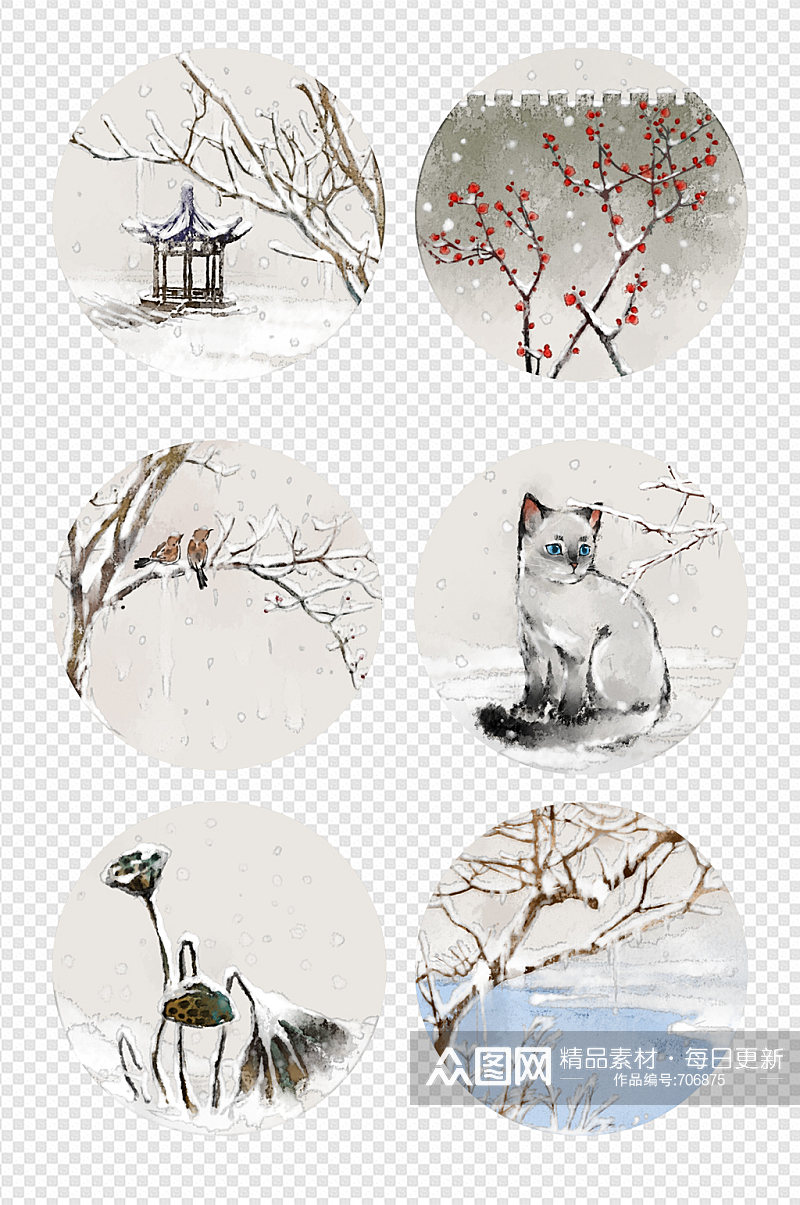 中式风格装饰画雪景大寒中国风水墨素材