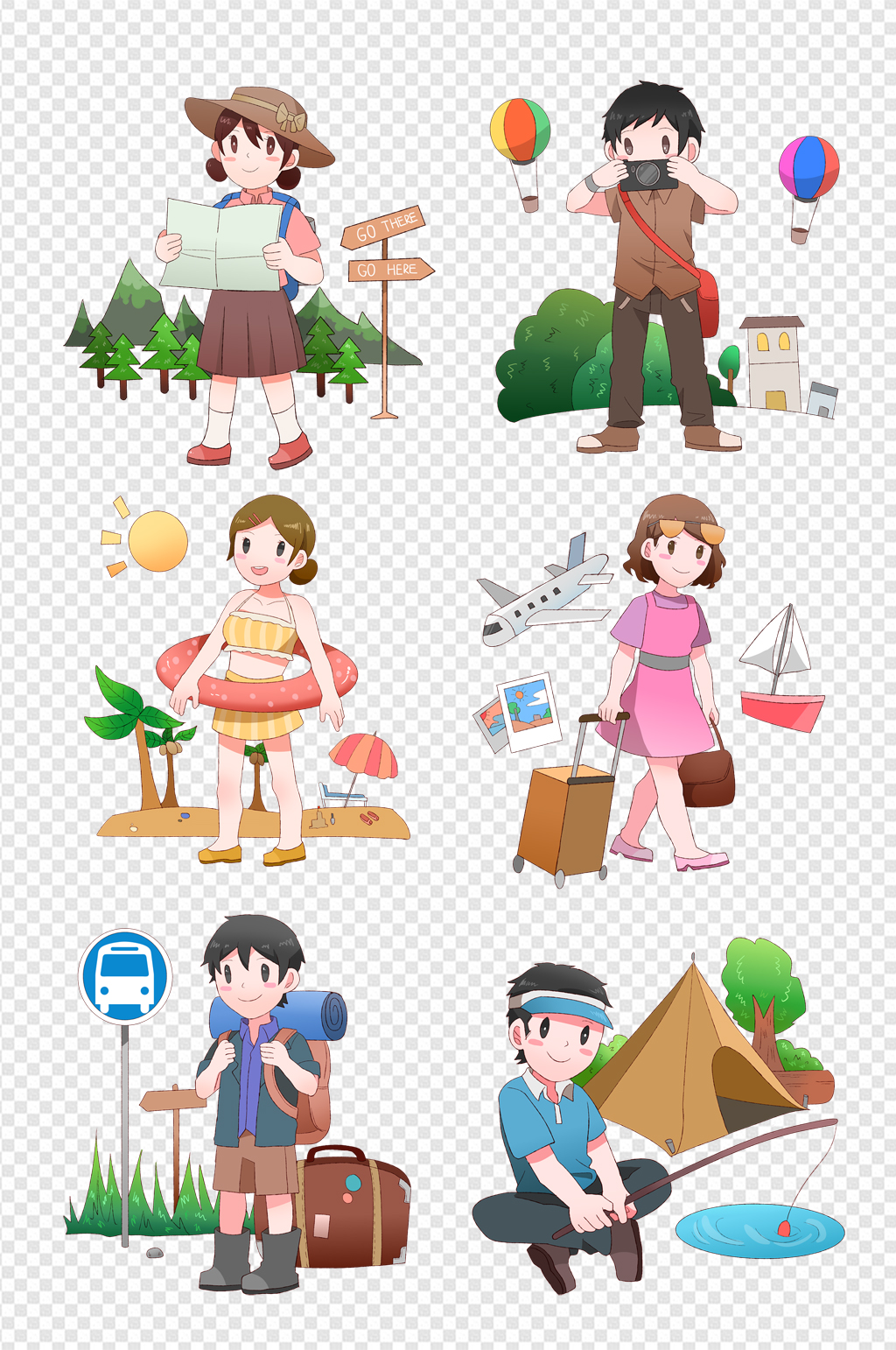 手繪小清新卡通外出旅行插畫素材