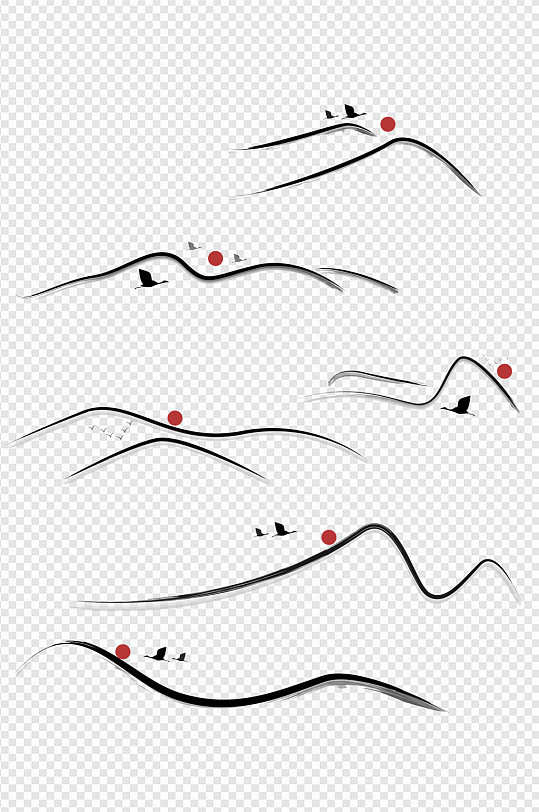 中式水墨写意山纹飞鸟素材