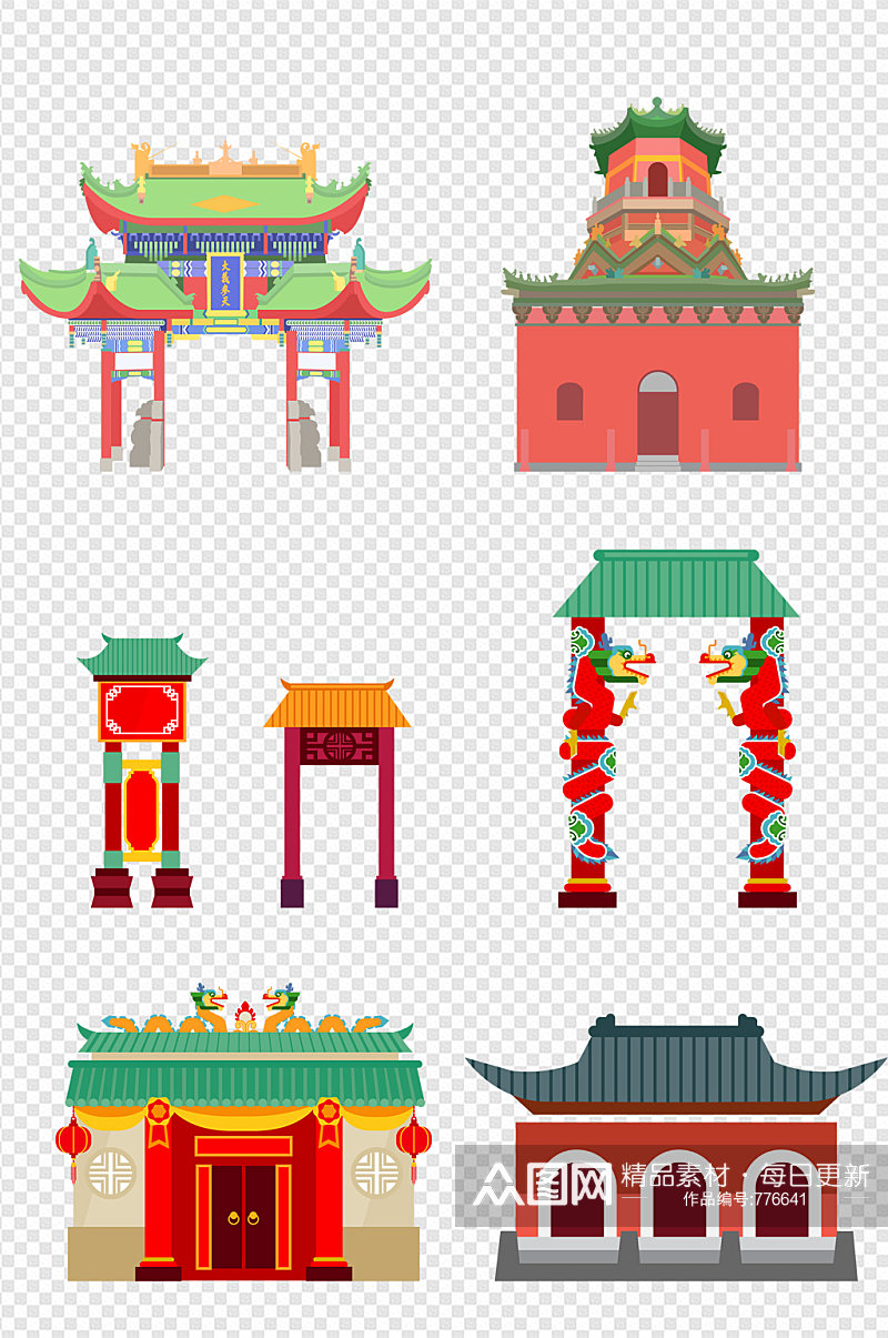 扁平手绘古典建筑牌坊中国风场景素材