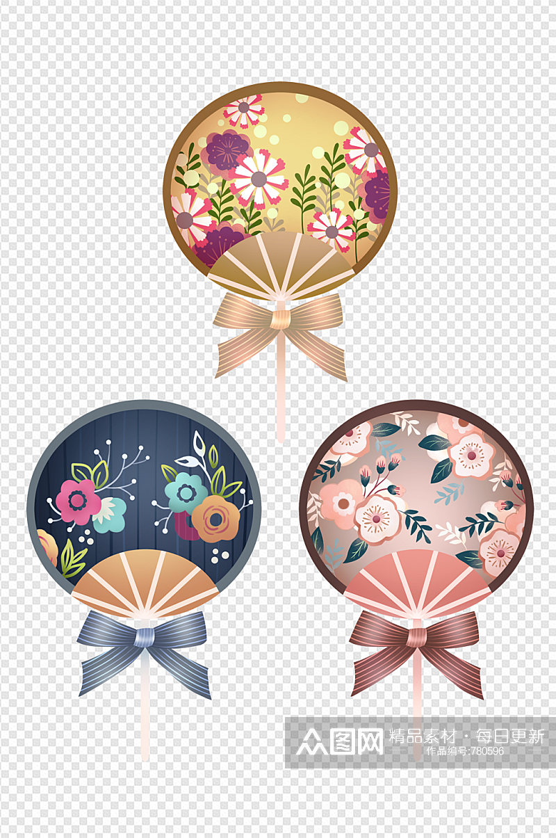 手绘日式花卉扇子装饰图案素材