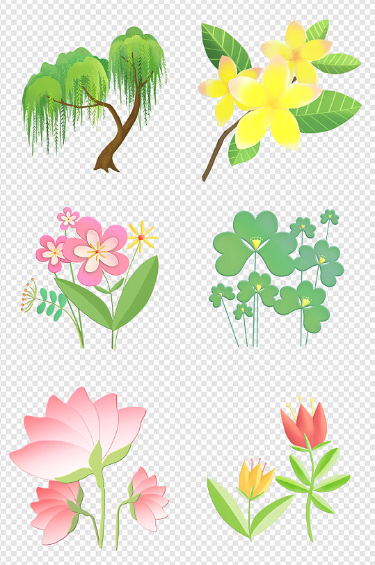 卡通手绘植物荷花柳树插画