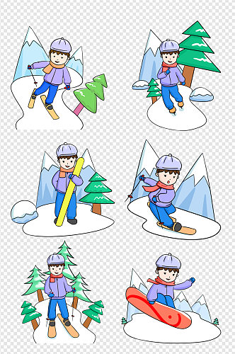 卡通手绘冬季雪景高山旅行滑雪
