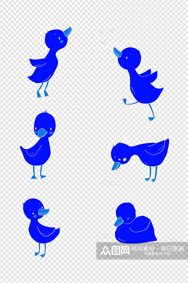 蓝色鸭子卡通手绘免扣素材
