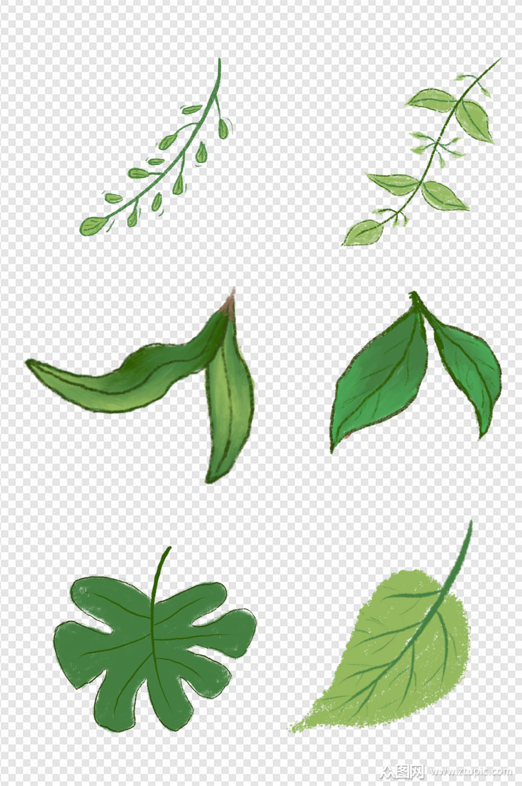手绘卡通绿色树叶组合