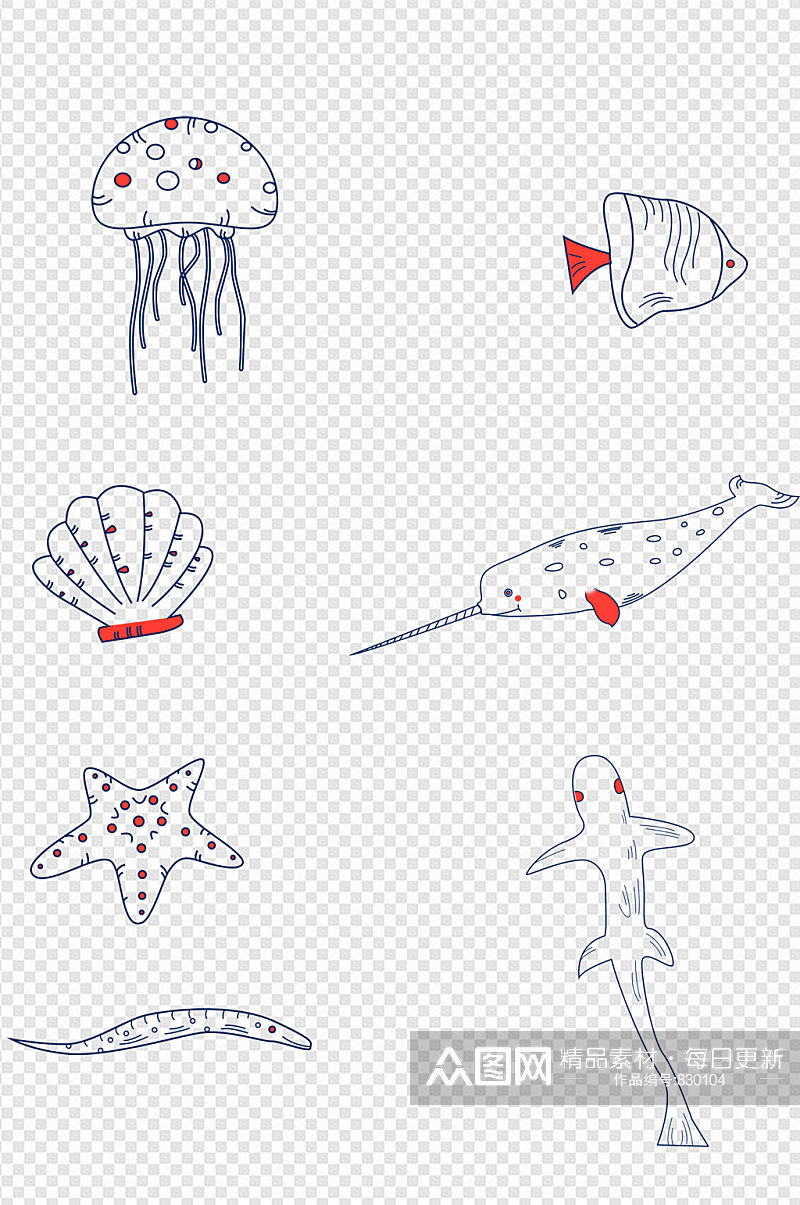 卡通海洋动物淡彩简笔画套图副本素材