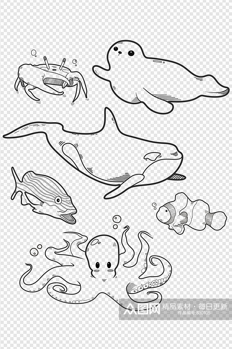 卡通海洋动物简笔画元素素材