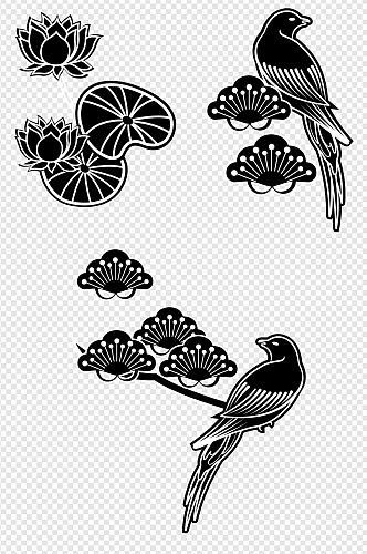 手绘线条古代花鸟元素组合