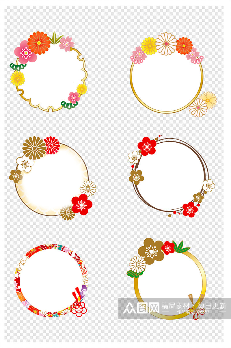 日式花朵边框圆框花框手帐装饰图案标题框素材素材