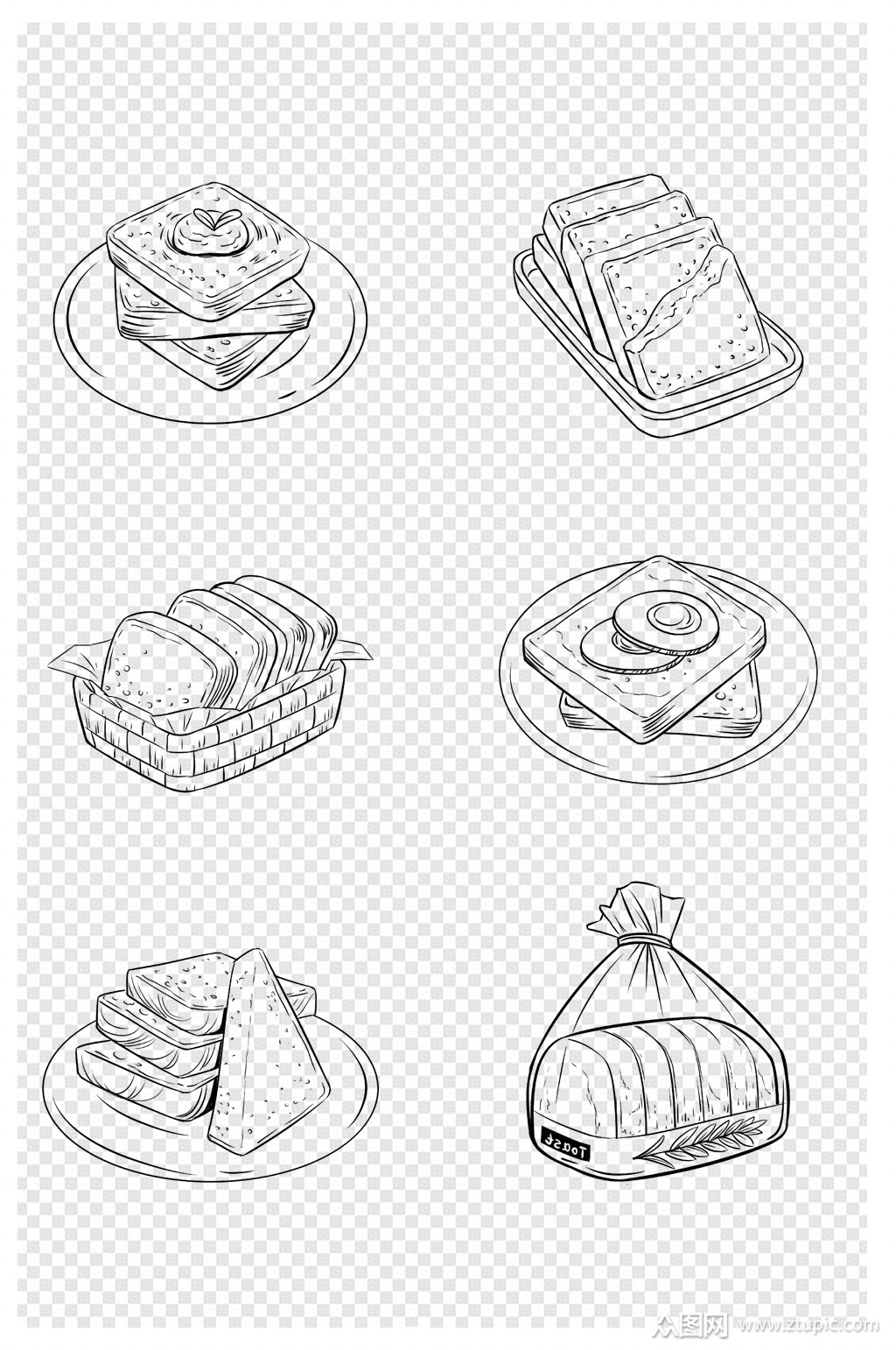 手绘西式面点吐司黑白线条