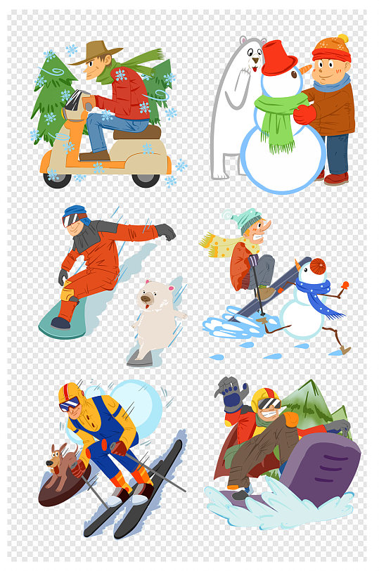 手绘冬季滑雪雪人旅行套图插画