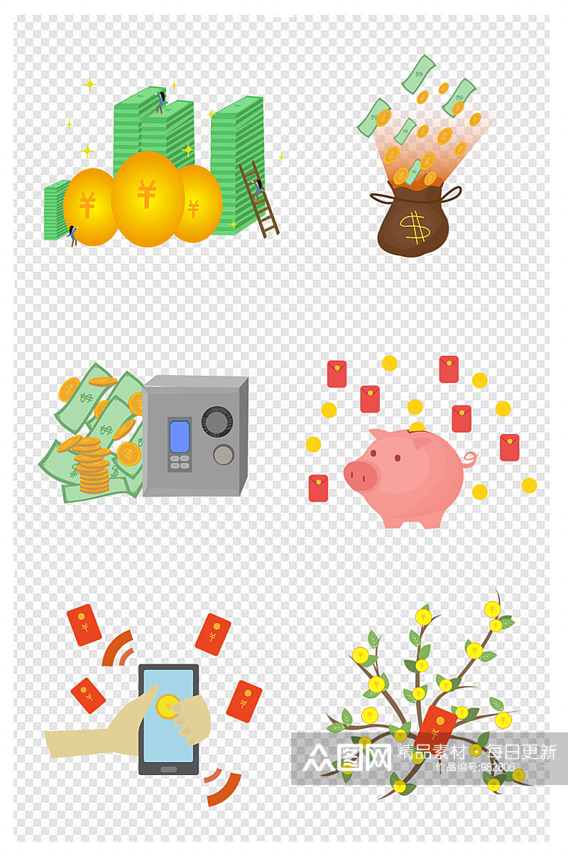 存钱罐保险箱花开富贵金币红包树素材