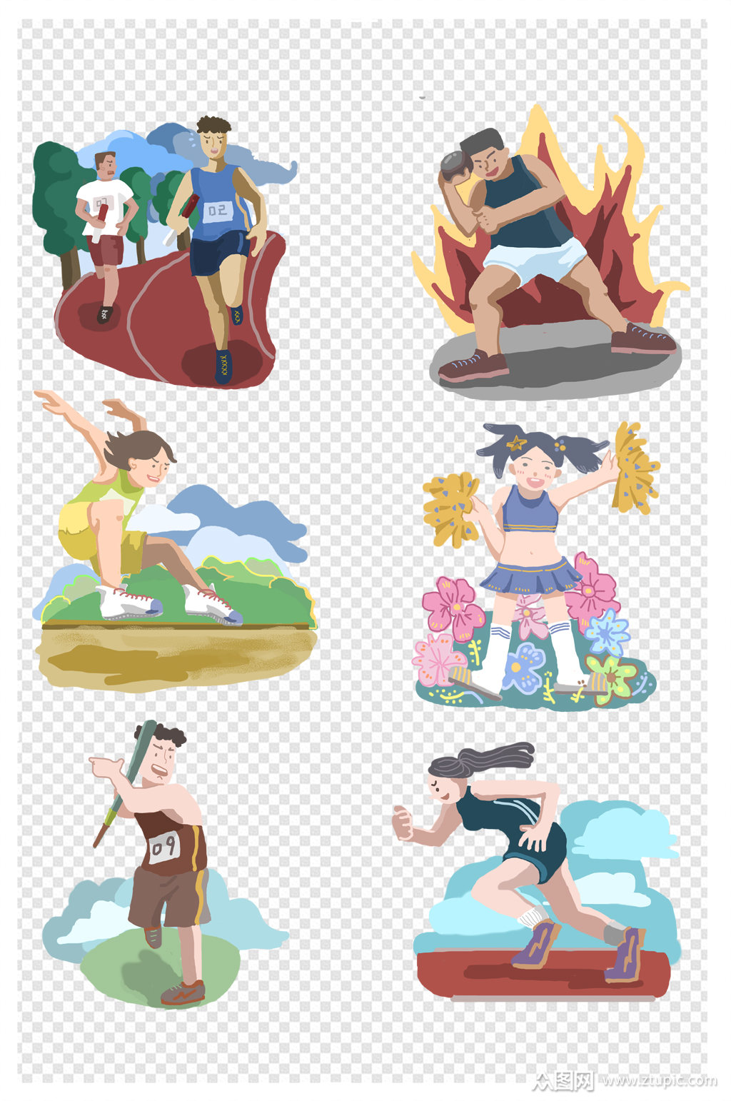 啦啦队跑步运动会卡通手绘运动比赛素材