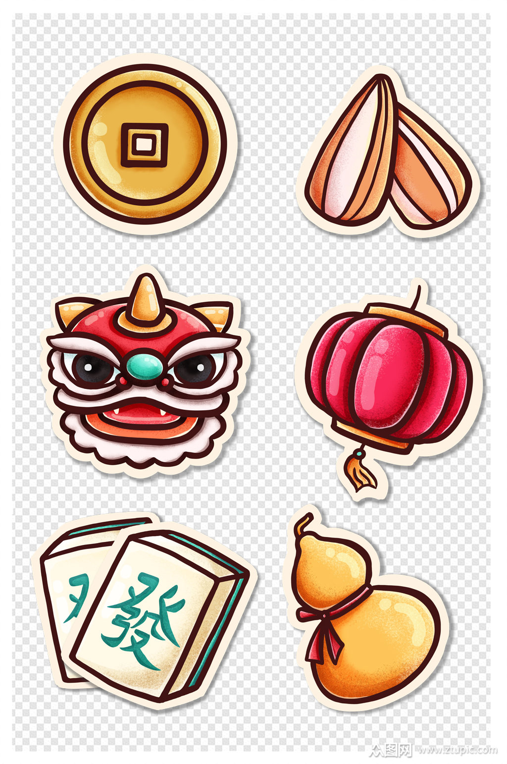 新春手绘舞狮金币灯笼麻将新年贴纸
