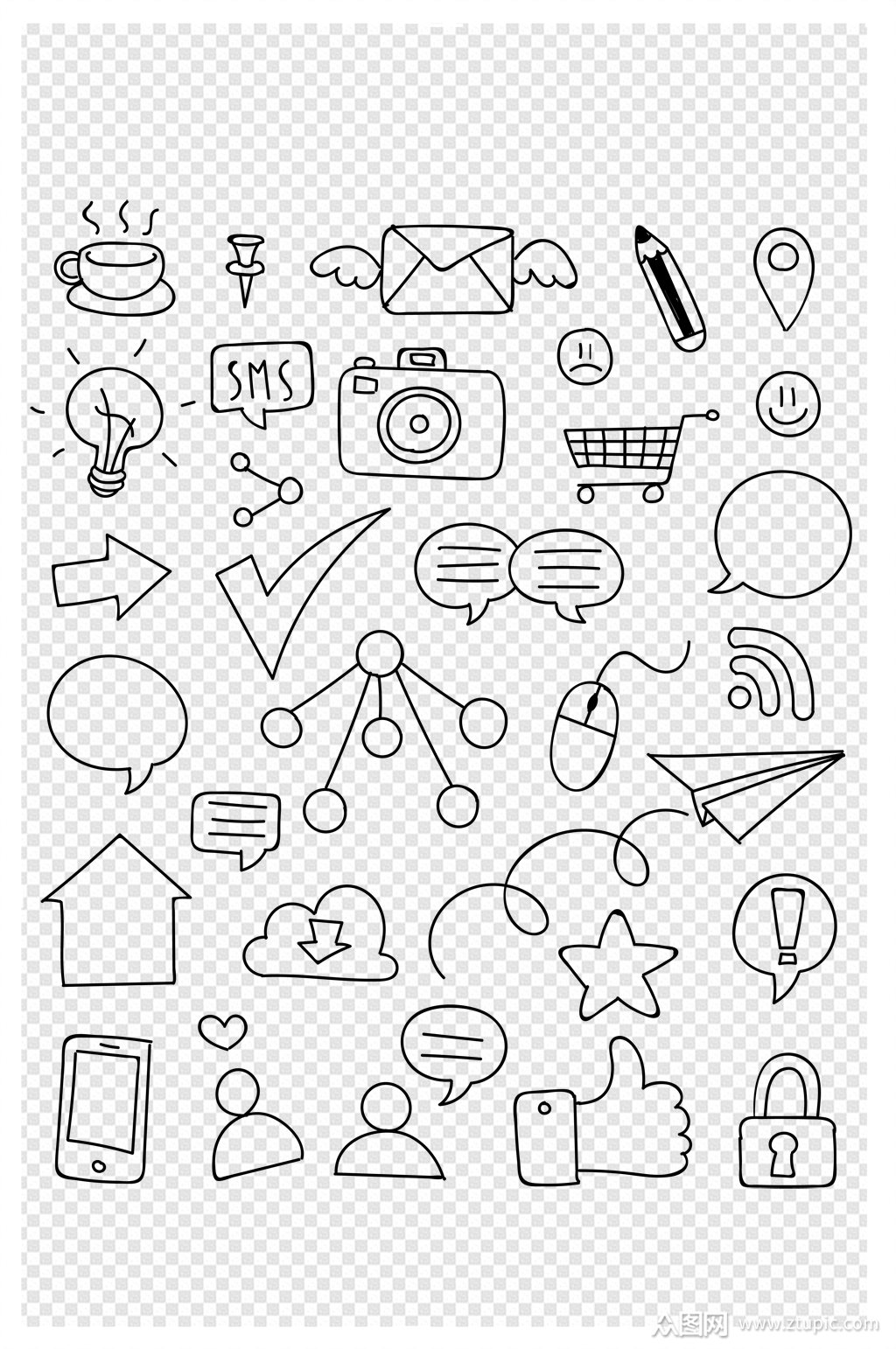 黑白手绘涂鸦元素装饰素材