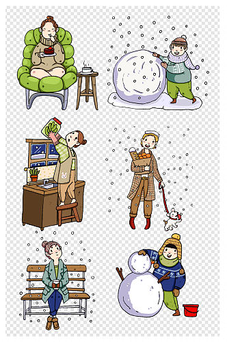 手绘冬季大雪人物合集插画