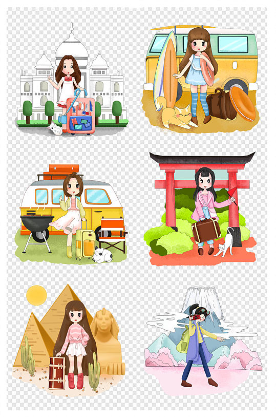 手绘女孩旅游合集手绘插画