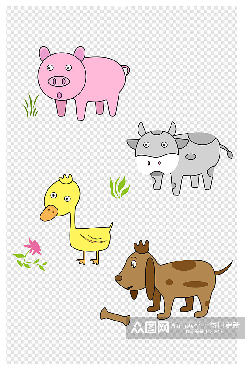 手绘动物猪牛鸭狗卡通素材