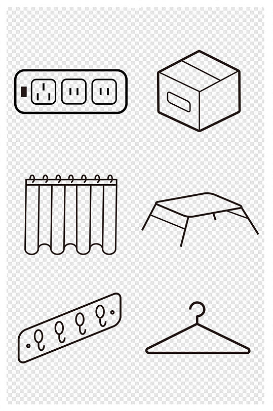 宿舍物品插座收纳箱窗帘桌子线稿衣架挂钩