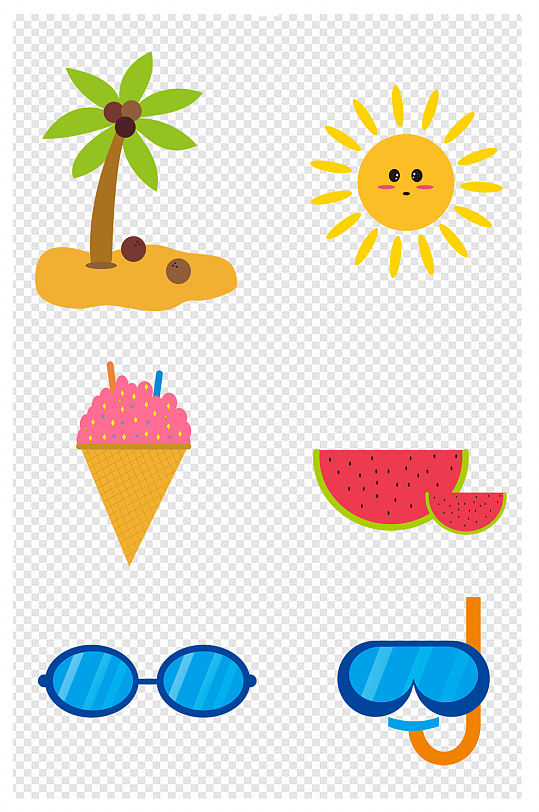 夏日卡通椰子树太阳西瓜冰淇淋眼镜元素手绘