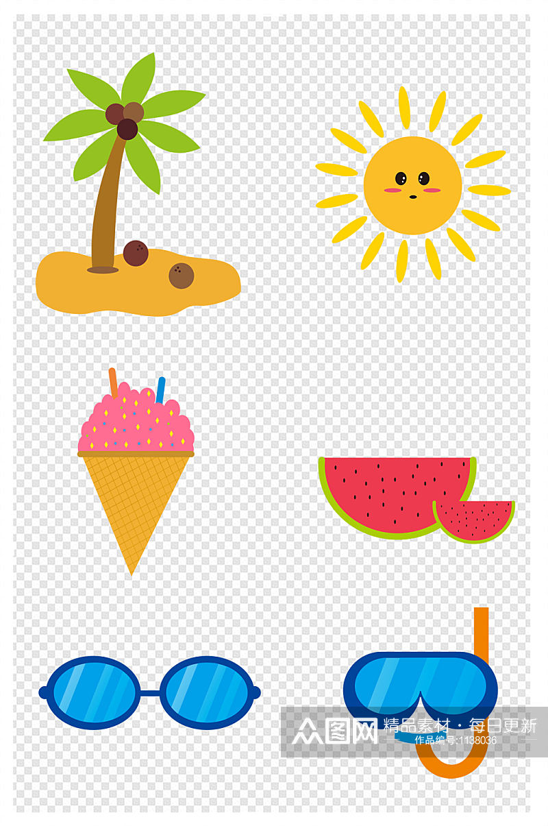 夏日卡通椰子树太阳西瓜冰淇淋眼镜元素手绘素材