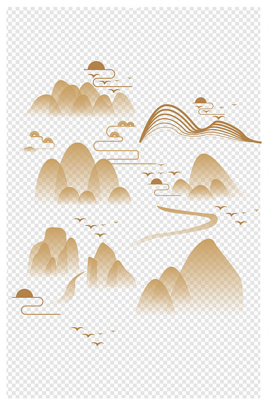 中国风水墨山水线性云纹山纹飞鸟