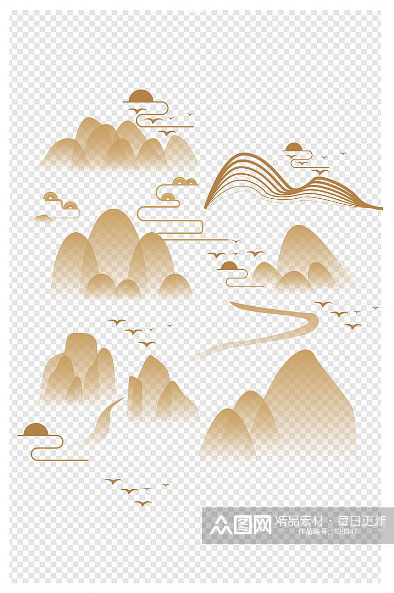 中国风水墨山水线性云纹山纹飞鸟素材