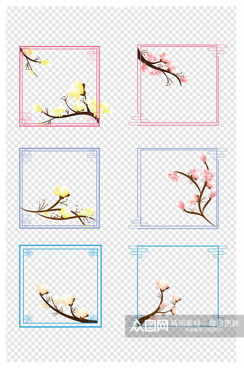 春季花卉玉兰花复古画边框合集素材