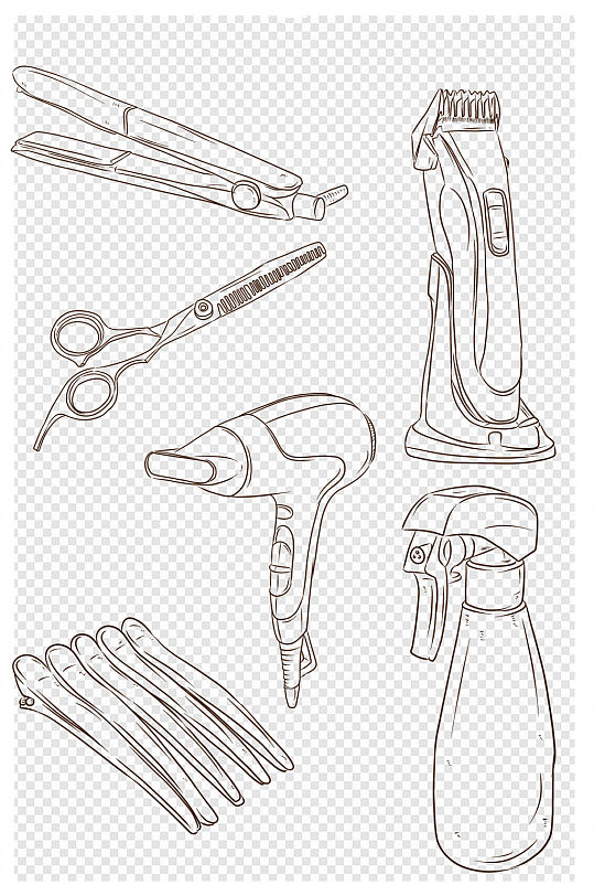 线条画春风机剪刀素描美容美发元素