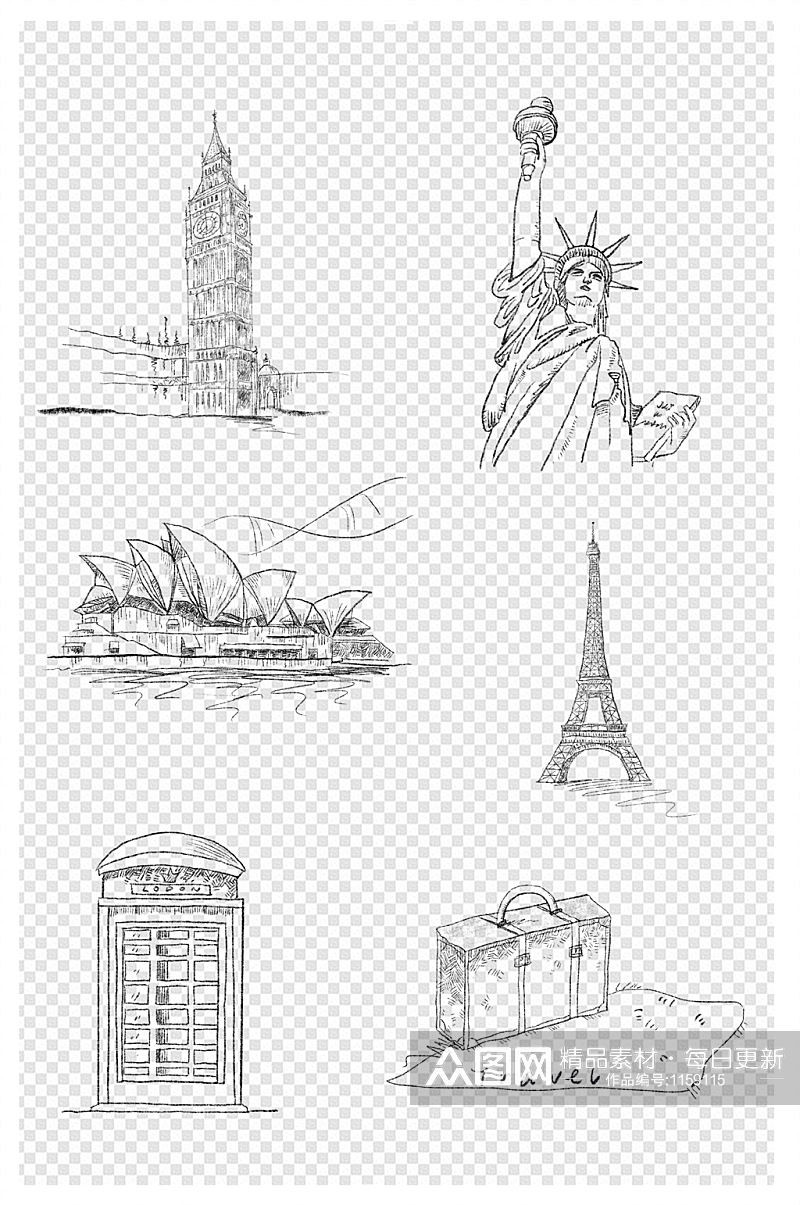 欧美建筑线条画世界建筑素描稿图片素材