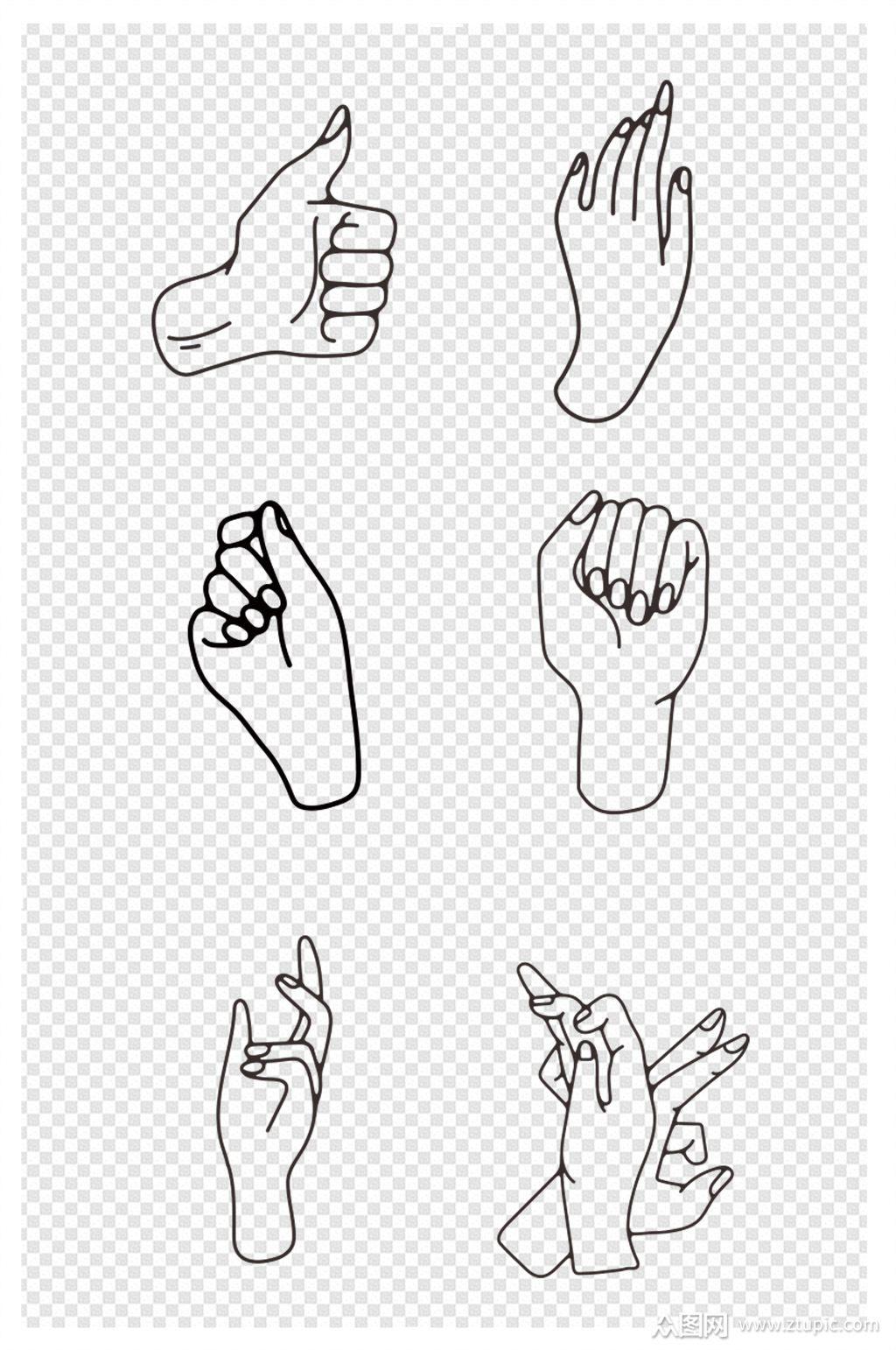 手部特写线稿不同手部动作素材