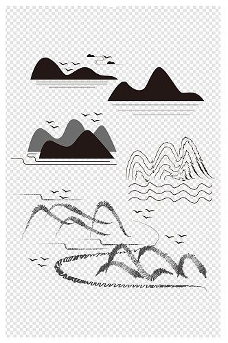 中国风水墨山水山纹云纹飞鸟装饰图案