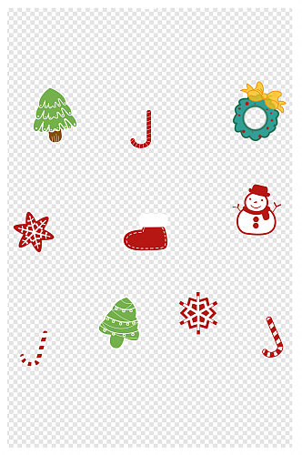 圣诞节卡通可爱圣诞树雪人雪花靴子装饰元素