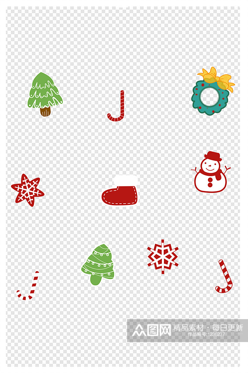 圣诞节卡通可爱圣诞树雪人雪花靴子装饰元素素材