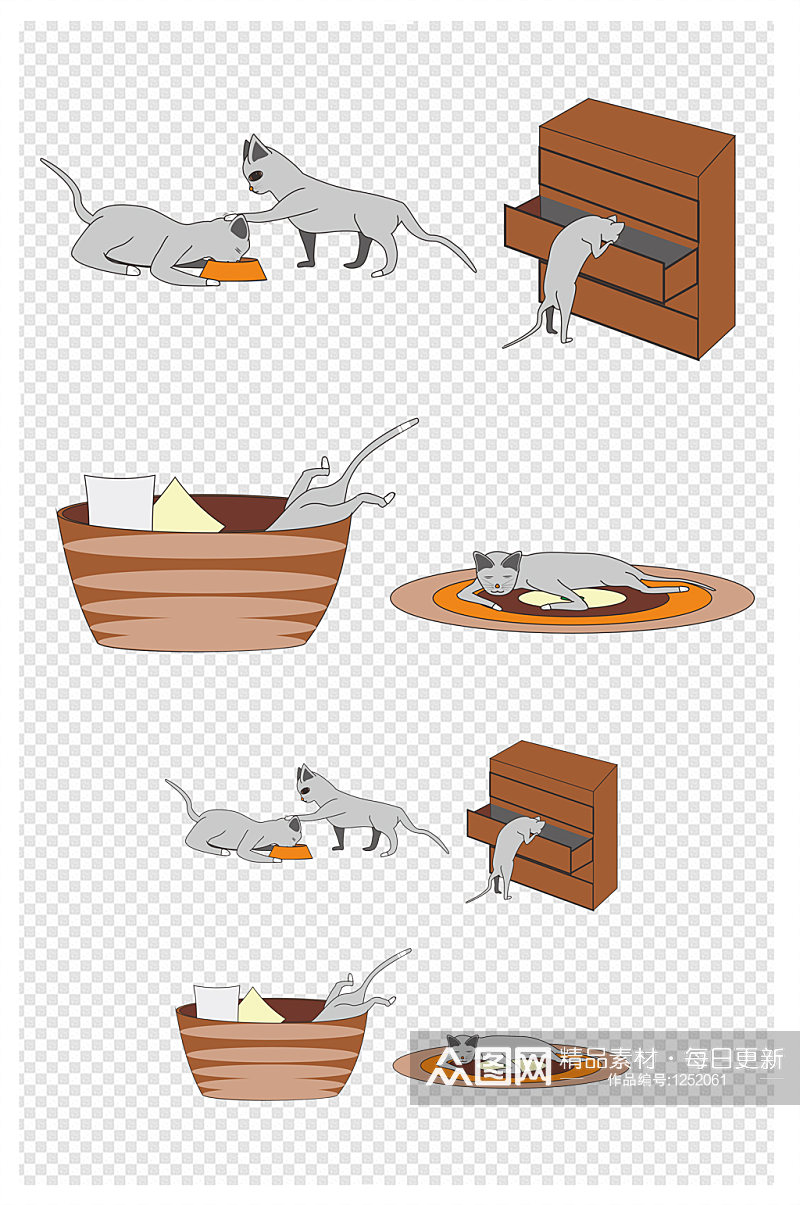 猫底纹简笔画卡通嬉戏猫吃饭翻东西动物睡觉素材