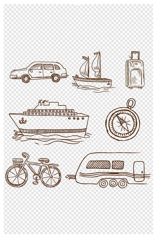 手绘各种交通工具插画轮船汽车自行车元素