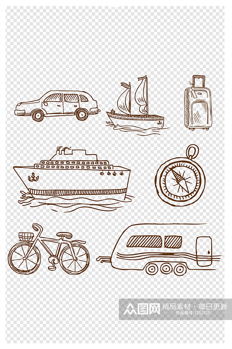 手绘各种交通工具插画轮船汽车自行车元素素材