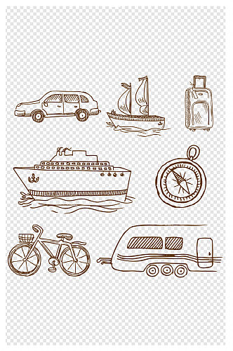 手绘各种交通工具插画轮船汽车自行车元素