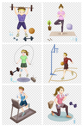 举重手绘卡通瑜伽跑步机健身人物合集插画