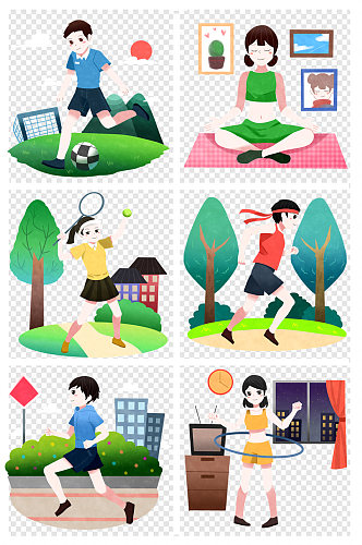足球网球呼啦前瑜伽跑步健身运动合集插画