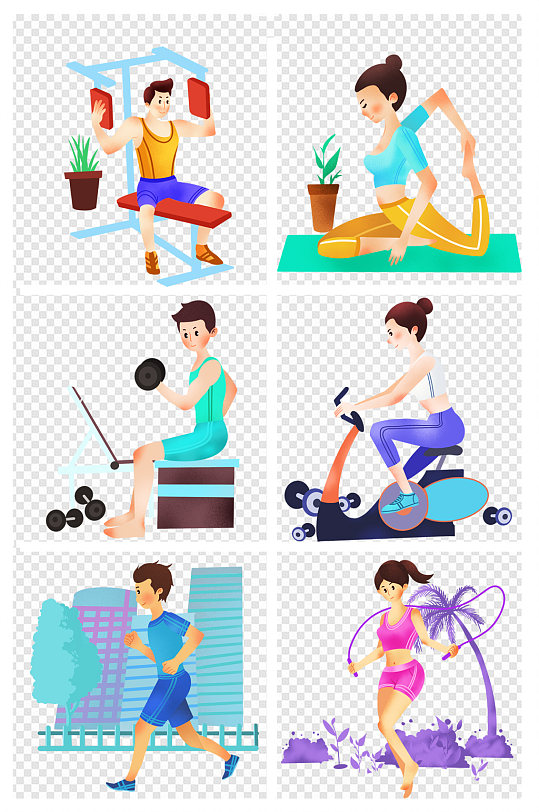 跑步单车瑜伽健身器材健身运动合集插画