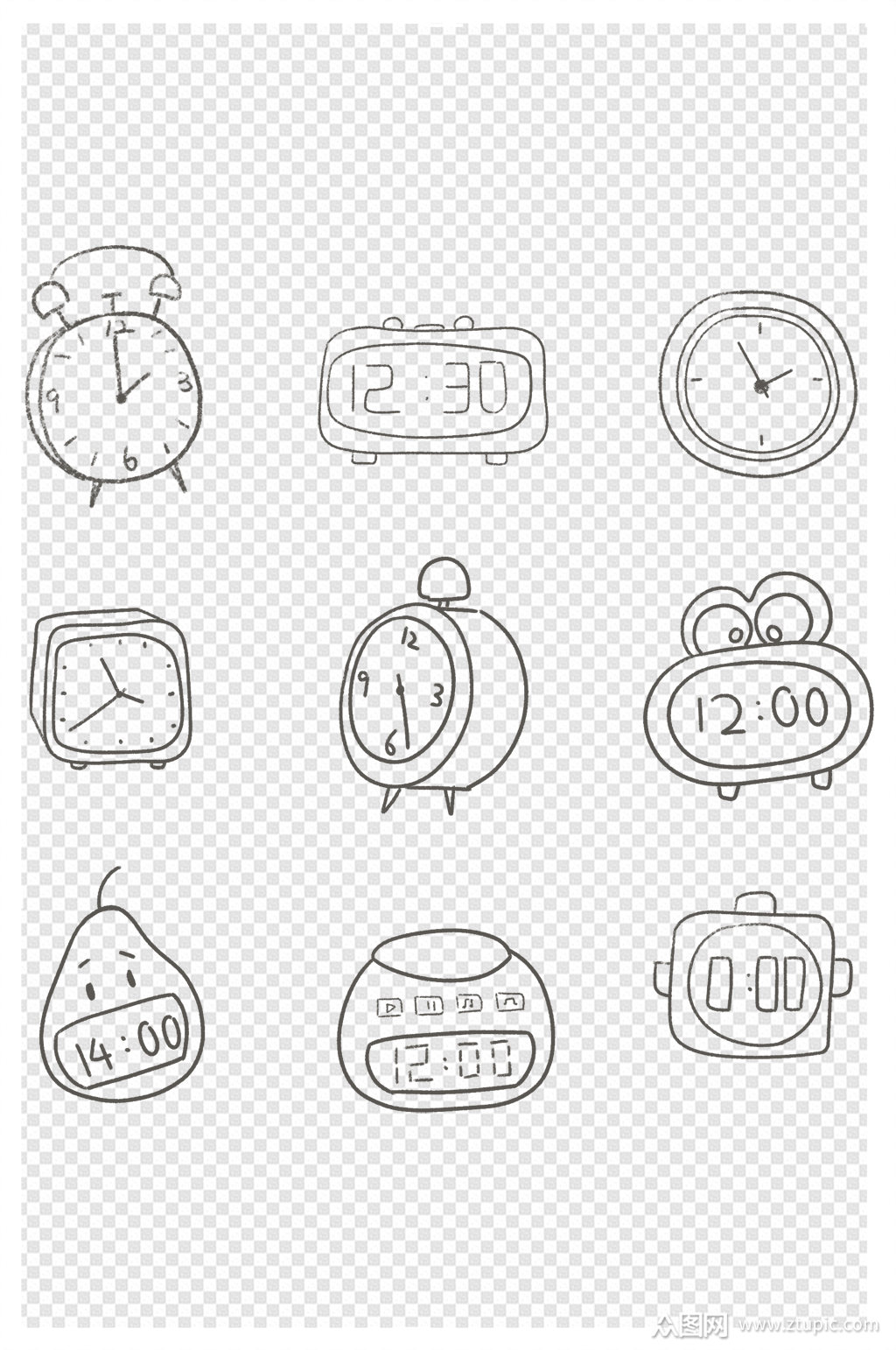 闹钟线条黑色套图样式元素卡通手绘