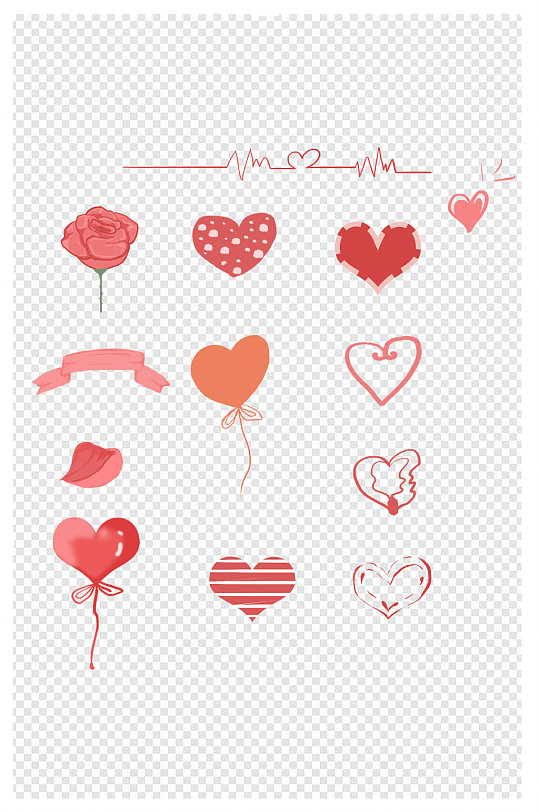 爱心元素情人节素材玫瑰花气球心电图