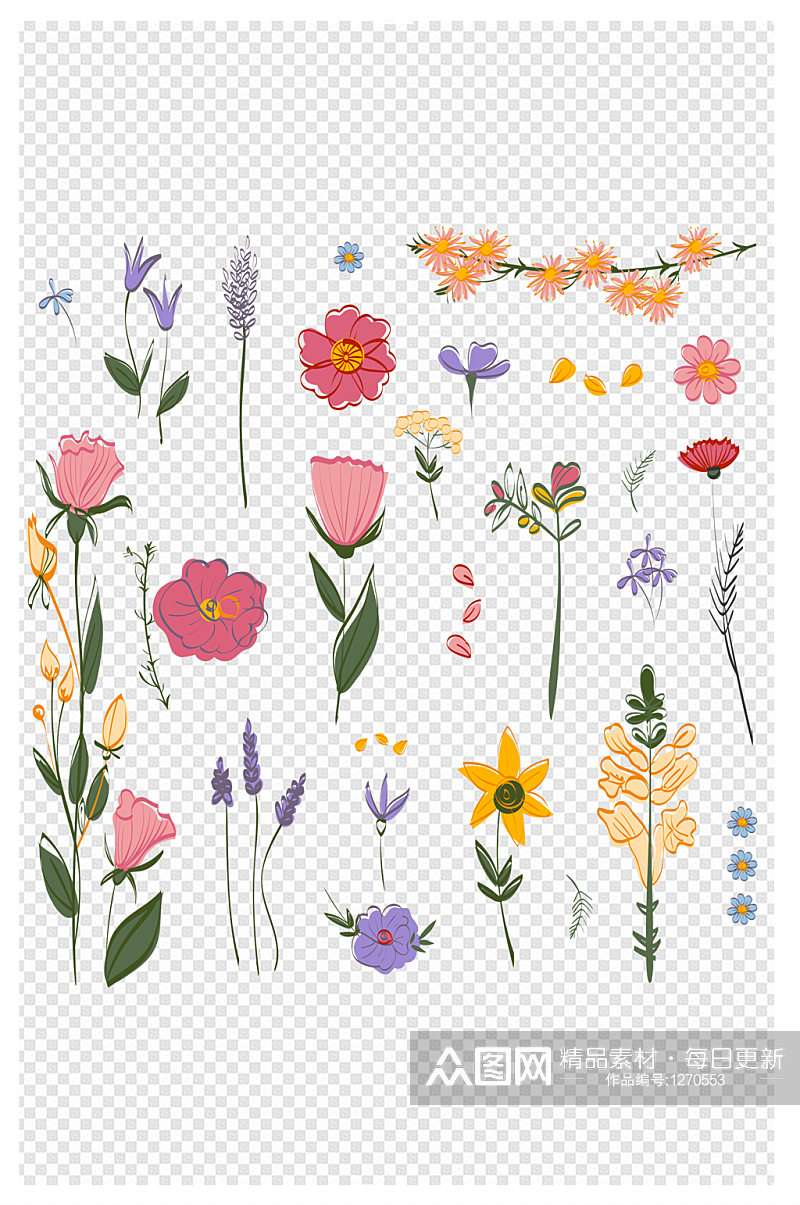 手绘各种花卉花朵植物叶子免扣元素素材