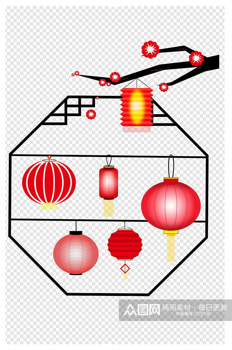 节日喜庆红色圆形方形灯笼中国传统过节春节素材
