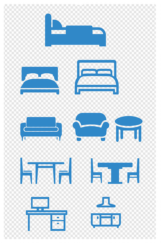 蓝色家具床餐桌椅沙发室内透明图标家居