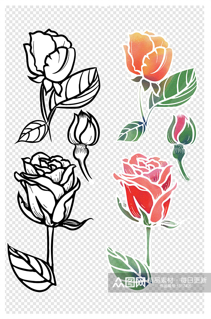 简笔画水彩玫瑰花束素材