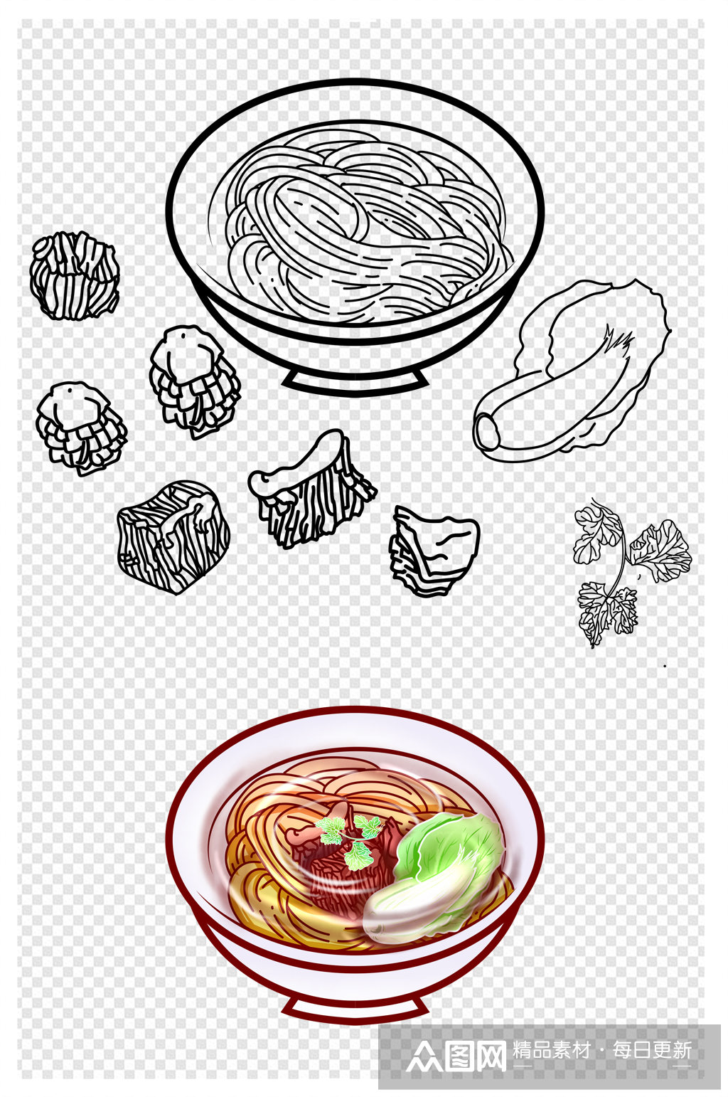 面条牛肉面汤面简笔画线稿